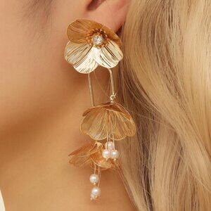 Elegant Gold Metal Floral With Faux Pearls Hanging Dangling Earrings.